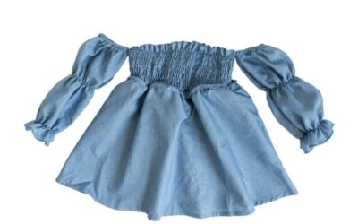 Calliope Puff Sleeve Off Shoulder Dress in Blue Chambray