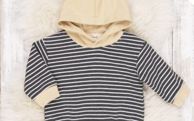 Long Sleeve Striped Hoodie Romper in Gray & White by Marie Nicole