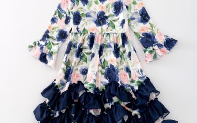 Girls Ruffled Maxi Dress in Navy Blush Rose